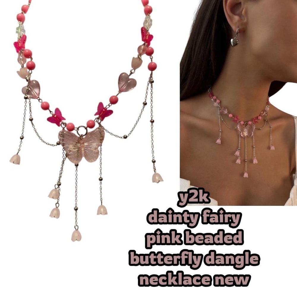 Y2K pink dainty light weight coquette fairy beaded butterfly necklace‎ new